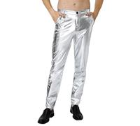 COSAVOROCK Mens Sequin Trousers 70s Disco Metallic Pants Fancy Dress Outfits Silver 30W