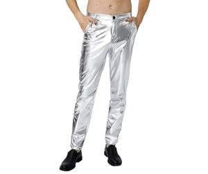COSAVOROCK Mens Sequin Trousers 70s Disco Metallic Pants Fancy Dress Outfits Silver 38W