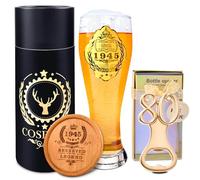 COSBERY 1945 80th Birthday Gifts for Men Dad Him Grandad, 1945 Beer Glass 580ml, 80 Number Beer Bottle Opener, Wooden Coaster, 80th Birthday Present for Men, 80th Birthday Decorations