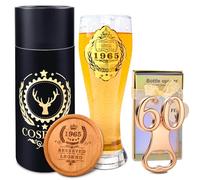 COSBERY 1965 60th Birthday Gifts for Men Dad Him Uncle, 1965 Beer Glass 580ml, 60 Number Beer Bottle Opener, Wooden Coaster, 60th Birthday Present for Men, 60th Birthday Decorations