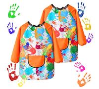 COSBERY 2Pcs Kids Painting Apron for Age 7-12 Years, Waterproof Children's Art Craft Aprons with Large Pockets, Long Sleeve for Painting,Cooking,Eating, Lovely and Colourful Smocks