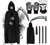 COSBERY Grim Reaper Costume Kids Adult, Boys Mens Halloween Costume Black Cloak with Hood Scythe Skeleton Mask Gloves, Scary Fancy Dress Cosplay Costume for Halloween Party