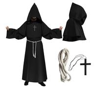 COSBERY Monk Costume Adult Mens Halloween Costume, Monk Robe Medieval Cloak with Large Hood Cape Rope Belt and Cross Necklace, Wizard Robe Renaissance Cosplay Priest Fancy Dress for Adults Men