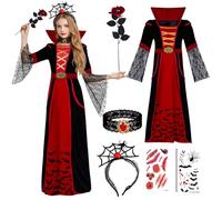 COSBERY Vampire Costume Kids Girls, Halloween Costumes for Girls Gothic Vampire Set with Vampire Dress, Necklace, Hairband, Fake Rose and Scar Tattoo, Vampire Party Fancy Dress for Kids