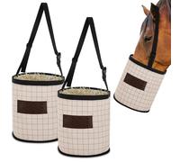 Cosblank 2 Pack Horse Feed Bag for Grain 12.6 Inch in Depth Leather Vented Canvas Beige Horse Feed Bag with Adjustable Strap Feed Bags for Horses Feeding Supplies for Safety and No-Spill Flap Design