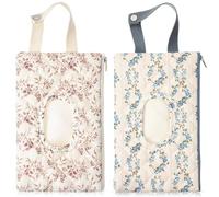 Cosblank 2 Pcs Quilted Diaper and Wipes Pouch Portable Hanging Floral Wet Wipe Bag Diaper Bag Reusable Wipes Pouch for for Stroller Car Travel Infant Diapering Organizer (Blue and Beige)