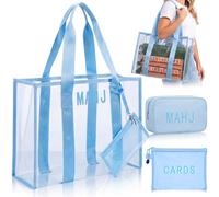 Cosblank 3 Pcs Empty Mahjong Tile Bags Blue Clear PVC Tote Organizer with Zipper for 166 American Tiles, Portable Mahjong Accessories with Mat Holder for Racks, Pushers & Mat Holder, Case Only