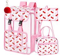 Cosblank 3pcs Clear Backpack Heavy Duty See Through Bookbag with Lunch Bag Pencil Case Key Chain for Women Stadium Approved, Multicolor, 3 size, Bow