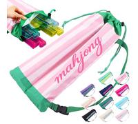 Cosblank Mahjong Rack Bag with 4 Divider Pockets Canvas Drawstring Mahjong Game Rack & Pushers Storage Bag Fits All Types of Racks Protective Sleeve for Game Night Travel (Green Pinkish White Stripes)