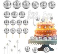 Cosblisvia 18 Pcs Disco Ball Decor, Disco Ball Cupcake Toppers, Cake Decorations for Bakers, Families, Teens for 70s Parties, Birthdays, Weddings (Silver)