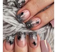 Cosblisvia 24 Pcs Halloween Press on Nails, Medium Square Spider Fake Nails with Glitter for Women, Girls, Party, Costume, Fancy Dress (Black)