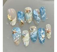 Cosblisvia 24Pcs Ocean Blue 3D Press On Nails, Almond False Nails And Fake Nails For Women Teens Brides, Stunning For Beach Holidays Pool Parties Summer Festivals