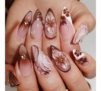 Cosblisvia 24Pcs Press on Nails, False Nails, Nails Kit, Almond French Tips with 5D Flower for Women, Girls, Artists for Salon, Home DIY, Party (Glossy Brown)