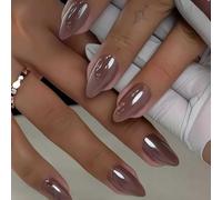 Cosblisvia 24Pcs Press on Nails, False Nails Short Oval, Nails with Chrome Designs, Glossy Brown Fake Nail for Women, Girls for Party, Daily Wear (Brown)