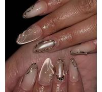 Cosblisvia 24Pcs Press on Nails Kit, Almond Nude Cat Eye with Gold Lines, Medium False Nails for Women, Party, DIY, Valentine’s Day & Spring Events