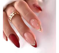 Cosblisvia 24Pcs Press on Nails Medium Almond False Nails Red French Tip Fake Nails Gold Star Kit for Women Girls Nail Lovers for Salon Party Wedding DIY (Red)