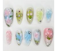 Cosblisvia 30 Pcs Press On Nails Almond False Nails Blue Green Floral For Beginners Office Workers Travellers Quick Home Manicures Weddings Parties Fake Nails
