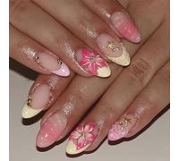 Cosblisvia 30Pcs Press On Nails False Nails Fake Nails With 3D Flowers Stars For Beginners Professionals Nail Biters For Holidays Beach Vacations Date Nights Pink