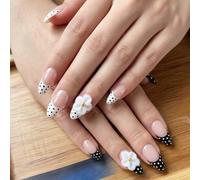 Cosblisvia Handmade Press on Nails, Almond False Nails Size M, Luxury Fake Nails for Women, Girls, Nail Techs for Wedding, Date Night, Salon Finish (Black and white)