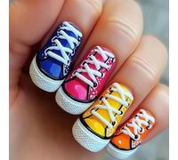 Cosblisvia Long Press On Nails, Sneaker Style False Nails for Trendsetters, Glossy Fake Nails for Festivals & Concerts, Colourful Stick On Nails Kit (Multi-Colour)
