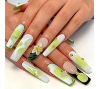 Cosblisvia Long Square Press On Nails 10Pcs Handmade False Nails, Green Flower 3D Design Fake Nails for Women, Girls, Nail Art Lovers for Spring Weddings, Parties, Daily Wear (Size M)