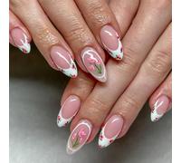Cosblisvia Medium Almond Press On Nails And False Nails Kits For Beginners, Busy Women, Teens At Weddings, Dates, Parties, Pink Fake Nails With Floral Tulip Designs