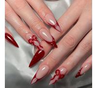 Cosblisvia Press On Nails 24Pcs Long Almond False Nails 3D Red Bow Fake Nails for Women Girls Brides for Valentines Dating Dinner Parties (Glossy French Ripple)