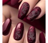 Cosblisvia Press on Nails Medium Coffin, Burgundy False Nails with 3D Floral, Matte Fake Nails for Women, Girls, Nail Techs for Easter, Mother's Day, Dinner Dates (Wine Red)