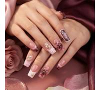 Cosblisvia Press on Nails Medium Square, Handmade False Nails Red French Tip 3D Flower Pearl, Fake Nails for Women, Brides, Girls at Weddings, Parties, Dates (10 Pcs)