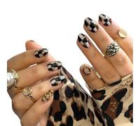Cosblisvia Press on Nails Short Almond, 24 Pcs Checkered False Nails Flower Art, Cute Fake Nails for Women, Girls, Students for Party, Date, Daily Wear (Multi Colour)