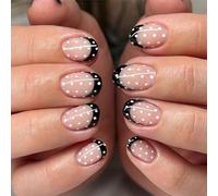 Cosblisvia Press on Nails Short Squoval, 24Pcs False Nails for Women, Reusable Fake Nails with Glue Stickers for Office Date Night, Black French Tip Polka Dot Design