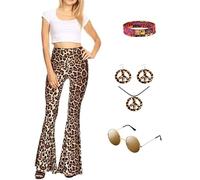 CosCool Women's 70s 80s Hippie Costume Flared Trousers, Boho Floral Print Flared Pants Hippie Disco Pants Set with Hippie Accessories Leopard S