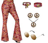 CosCool Women's 70s 80s Hippie Costume Flared Trousers, Boho Floral Print Flared Trousers Hippie Disco Pants Set with Accessories Brown S