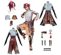 CosDogs Anime Genshin Impact Shikanoin Heizou Cosplay Costume with Wig Shorts Accessories Men Women Adults Kids Outfit Halloween Carnival Dress Role Play Suit