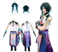 CosDogs Anime Genshin Impact Xiao Cosplay Costume with Wig Necklace Men Women Adults Kids Unisex Outfit Halloween Carnival Christmas Party Complete Set Role Play Suit