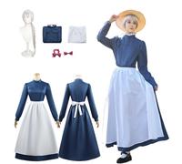 CosDogs Anime Howl’s Moving Castle Sophie Cosplay Costume with Wig Headdress Blue Maid Dress Accessories Women Adults Unisex Girls Kids Outfit Halloween Carnival Role Play Christmas Party Suit Kimono
