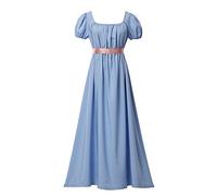 COSDREAMER Women Medieval Victorian High Waist Retro Regency Dress Ladies Retro Ribbon Ruffled Puff Sleeve Dress Light Blue
