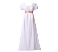 COSDREAMER Women Medieval Victorian High Waist Retro Regency Dress Ladies Retro Ribbon Ruffled Puff Sleeve Dress White