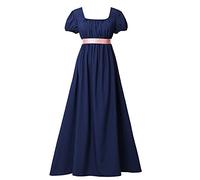 COSDREAMER Women Medieval Victorian High Waist Retro Regency Dress Ladies Retro Ribbon Ruffled Puff Sleeve Dress Blue