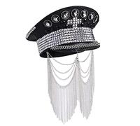 COSDREAMER Women's Burning Man's Day Sequined Cap Holiday Military Captain hat Steampunk hat Dress up Party hat Feather Classic Military Cap. (Gold)