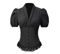 COSDREAMER Womens Victorian Corset Tops Shirts Gothic Steampunk Lace Up Blouse (2XL, Black)