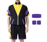 Coseaon 80s 90s Outfit for Men Tracksuit Shorts Set Men's 80s 90s Retro Jacket Outfits Costume for Party (Black Yellow, XL)