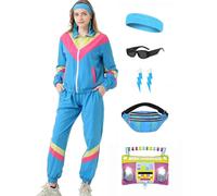 Coseaon 80s Tracksuit for Women Retro Windbreaker Outfit 90s Color Block Sportswear Set with Jacket Sweatpants, Blue, XXL