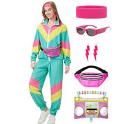 Coseaon 80s Tracksuit for Women Retro Windbreaker Outfit 90s Color Block Sportswear Set with Jacket Sweatpants, Green, Medium