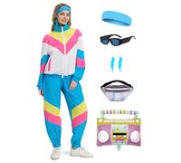 Coseaon 80s Tracksuit for Women Retro Windbreaker Outfit 90s Color Block Sportswear Set with Jacket Sweatpants, Blue White, Small