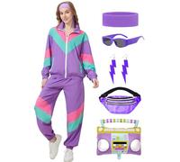 Coseaon 80s Tracksuit for Women Retro Windbreaker Outfit 90s Color Block Sportswear Set with Jacket Sweatpants, Purple, 3XL