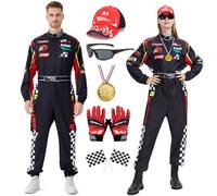 Coseaon Racing Driver Costume Men Women Racing Suit Jumpsuit Overall with Hat Sunglasses Gloves Belt Halloween Carnival Adult Racer Complete Set (Black, XL)