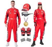Coseaon Racing Driver Costume, Men's and Women's Racing Suit, Jumpsuit Overall with Hat, Sunglasses, Gloves, Belt, Halloween Carnival Adult Racer Complete Set (Red, M)
