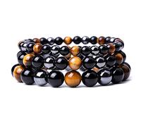 COSFAN 3 Pcs Triple Protection Bracelet,Black Obsidian Hematite Tiger Eye Beads Bracelets,Stone bracelet for Men Women,10MM,8MM,6MM (Style-2)
