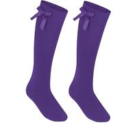 COSHAL® 1 Girls Knee High School Sock's Cotton Socks with Fluffy Ribbons Bow Back to School Sock,s Uniform Party Wear Socks Kids Long Sock Size 9-12 Purple KHB